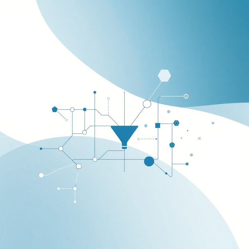 Abstraktná kompozícia funnel tvarov a procesných uzlov v slate-blue tónoch