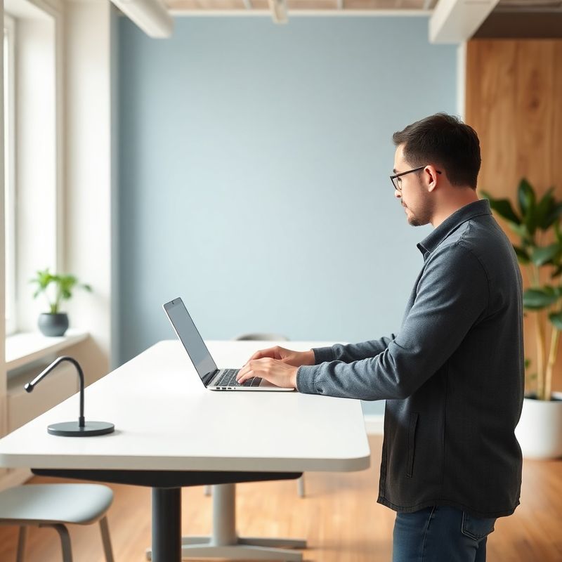 Osoba pri standing desku v žilinskom coworking priestore píše na notebooku