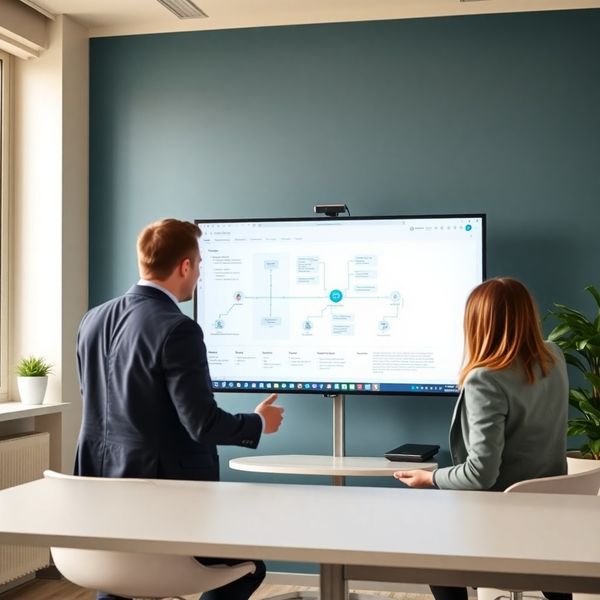 Dvaja profesionáli kontrolujú workflow diagramy na veľkom monitore v žilinskej kancelárii